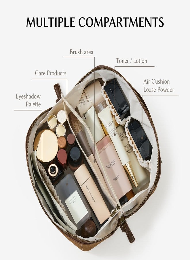 EACHY Travel Makeup Bag, Faux Suede Cosmetic Bags for Women,Large Capacity Portable Pouch Open Flat Toiletry Bag Make up Organizer with Divider and Handle - Image 2