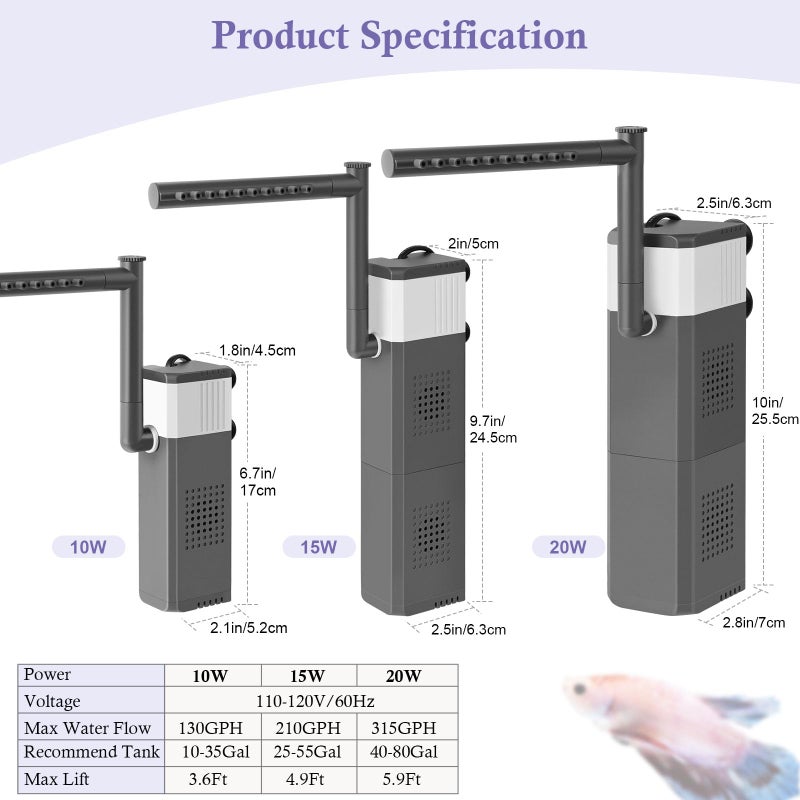 VILLNO 10W 130GPH Powerful Aquarium Filter for 10-35Gal Fish Tank, Adjustable Filter with Biochemical Sponge, Submersible Fish/Turtle Water Filters, Filtration/Oxygenation/Water Cycle 3in1 Filter - Image 2