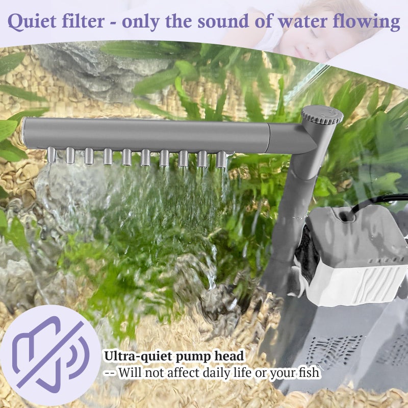 VILLNO 10W 130GPH Powerful Aquarium Filter for 10-35Gal Fish Tank, Adjustable Filter with Biochemical Sponge, Submersible Fish/Turtle Water Filters, Filtration/Oxygenation/Water Cycle 3in1 Filter - Image 4