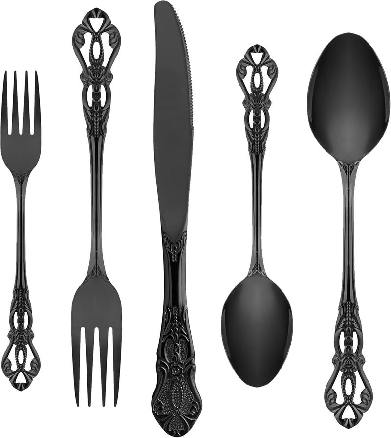 ROMAWARE Black Silverware Set for 4 Stainless Steel Gorgeous Retro Royal Flatware Set 20Pieces Cutlery Tableware set Kitchen utensils set Include Spoons And Forks Set Mirror Finish Dishwasher Safe - Image 1