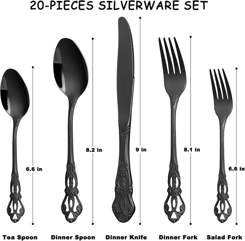 ROMAWARE Black Silverware Set for 4 Stainless Steel Gorgeous Retro Royal Flatware Set 20Pieces Cutlery Tableware set Kitchen utensils set Include Spoons And Forks Set Mirror Finish Dishwasher Safe - Image 2