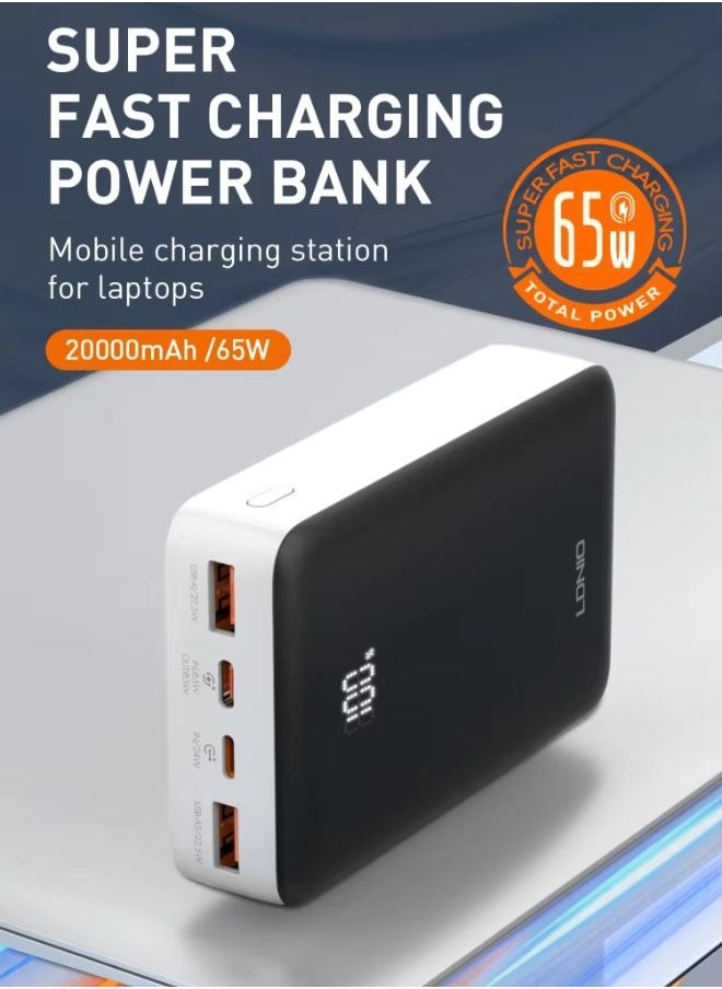 LDNIO 20000 mAh 65W Fast charging Power Bank Laptop Charger Portable With 2 USB-C And 1 USB-A Port, Battery Pack For Laptop MacBook, Dell, iPhone 16 Series, Galaxy S24 , iPad,  - Image 1