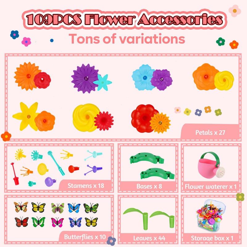 FUNZBO 109pcs Flower Garden Building Toy Set - Easter Spring Toys for 3 4 5 6 7 Years Old Girl, STEM Montessori Educational Toy for Kid Toddler, Sorting & Stacking Building Block Birthday Gift - Image 3