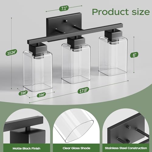 PARTPHONER 3-Light Bathroom Light Fixtures, Matte Black Modern Vanity Lights, Bathroom Lighting Fixtures Over Mirror, Square Design Farmhouse Wall Sconces with Clear Glass Shades - Image 3
