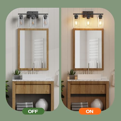 PARTPHONER 3-Light Bathroom Light Fixtures, Matte Black Modern Vanity Lights, Bathroom Lighting Fixtures Over Mirror, Square Design Farmhouse Wall Sconces with Clear Glass Shades - Image 5