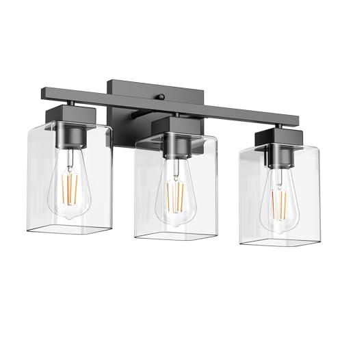 PARTPHONER 3-Light Bathroom Light Fixtures, Matte Black Modern Vanity Lights, Bathroom Lighting Fixtures Over Mirror, Square Design Farmhouse Wall Sconces with Clear Glass Shades - Image 2