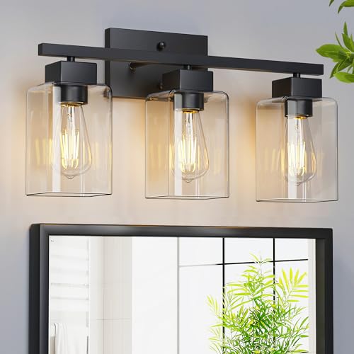 PARTPHONER 3-Light Bathroom Light Fixtures, Matte Black Modern Vanity Lights, Bathroom Lighting Fixtures Over Mirror, Square Design Farmhouse Wall Sconces with Clear Glass Shades - Image 1