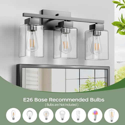 PARTPHONER 3-Light Bathroom Light Fixtures, Matte Black Modern Vanity Lights, Bathroom Lighting Fixtures Over Mirror, Square Design Farmhouse Wall Sconces with Clear Glass Shades - Image 4