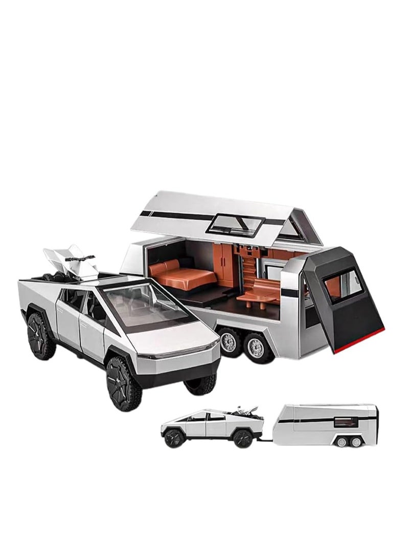 1/32 Scale Off-Road Pickup Trailer RV Model Kit, Diecast Metal Toy with Simulation Sound and Light, Perfect for Kids' Birthdays and Home Office Décor (Includes Silver RV). - Image 1