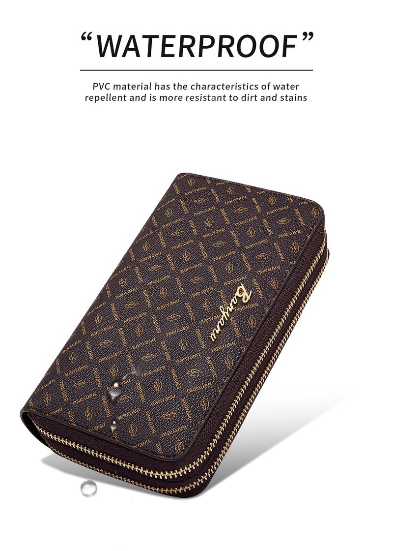 banyanu Women's Large Capacity RFID-Shielded Wallet/Clutch with Multi-Card Slots and Phone Case with Wrist Strap (Coffee-Apricot Lining) - Image 5