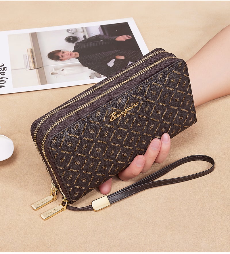 banyanu Women's Large Capacity RFID-Shielded Wallet/Clutch with Multi-Card Slots and Phone Case with Wrist Strap (Coffee-Apricot Lining) - Image 2