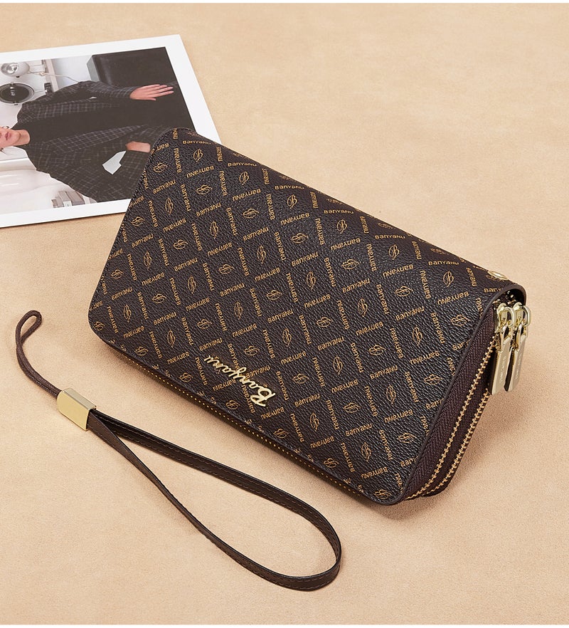 banyanu Women's Large Capacity RFID-Shielded Wallet/Clutch with Multi-Card Slots and Phone Case with Wrist Strap (Coffee-Apricot Lining) - Image 1