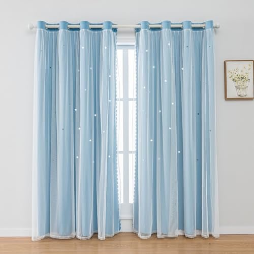 FANLI 2 Panels Star Blackout Curtains for Kid Girls Bedroom Living Room Darking Stripe Double Layer Star Cut Out Wall Home Decor Gradient Grommet Window Curtains (Blue 84L) - Image 1