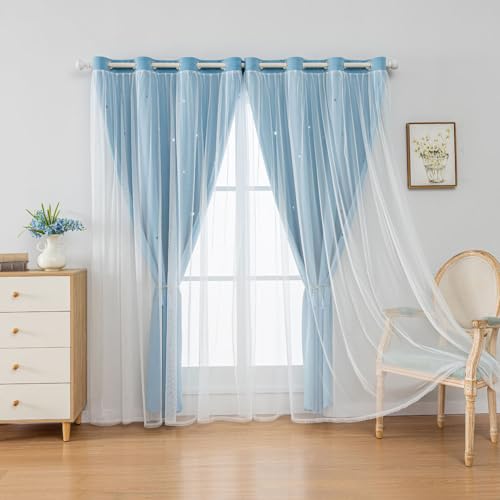 FANLI 2 Panels Star Blackout Curtains for Kid Girls Bedroom Living Room Darking Stripe Double Layer Star Cut Out Wall Home Decor Gradient Grommet Window Curtains (Blue 84L) - Image 5