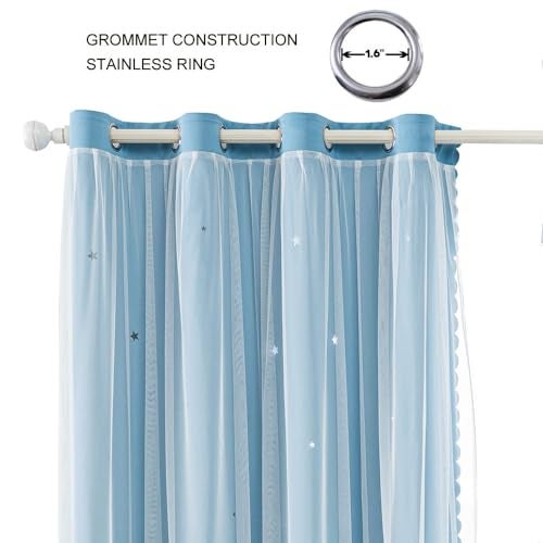 FANLI 2 Panels Star Blackout Curtains for Kid Girls Bedroom Living Room Darking Stripe Double Layer Star Cut Out Wall Home Decor Gradient Grommet Window Curtains (Blue 84L) - Image 2
