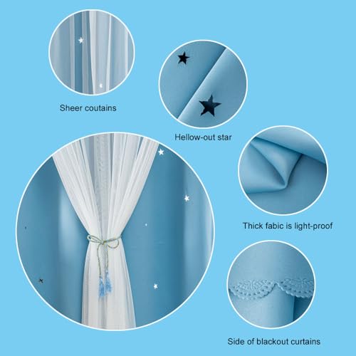 FANLI 2 Panels Star Blackout Curtains for Kid Girls Bedroom Living Room Darking Stripe Double Layer Star Cut Out Wall Home Decor Gradient Grommet Window Curtains (Blue 84L) - Image 3