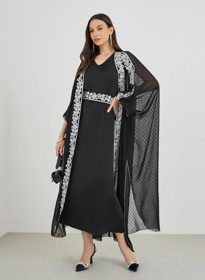 Take Two Take Two Lace Trim Open Front Kimono with Maxi Dress Set