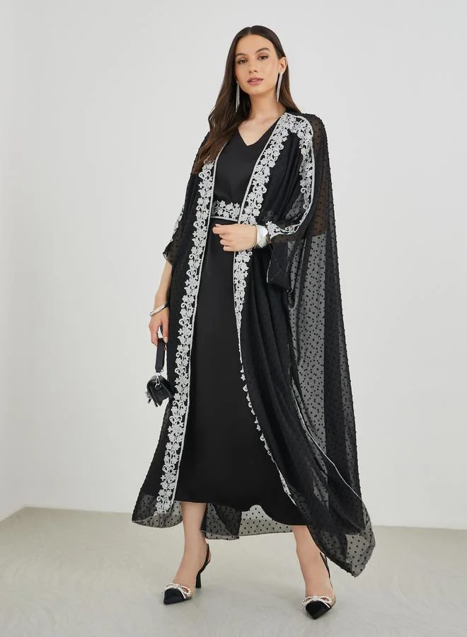 Take Two Take Two Lace Trim Open Front Kimono with Maxi Dress Set