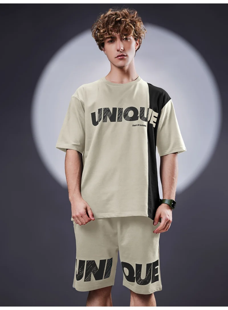 Maniac Maniac Mens Unique Printed Round Neck Half Sleeve Biscuit Cotton Tracksuit