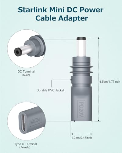 Gunovy 2PCS Starlink Mini Power Adapter USB C to DC Power Cable Adapter for Starlink Mini Accessories Input 20V Type C Male to DC 5.5 x 2.1mm Female Converter Work with 100W PD Source Gray - Image 3