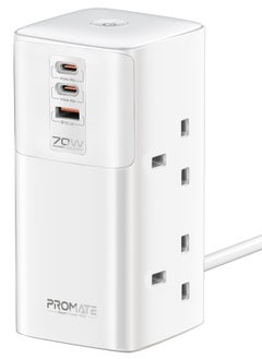 PROMATE Promate Charging Station 70W Multi-Port with USB-C Ports & Quad AC Sockets Universal 2500W, Tower Design Power Strip, 3m Cable Length  - Image 1