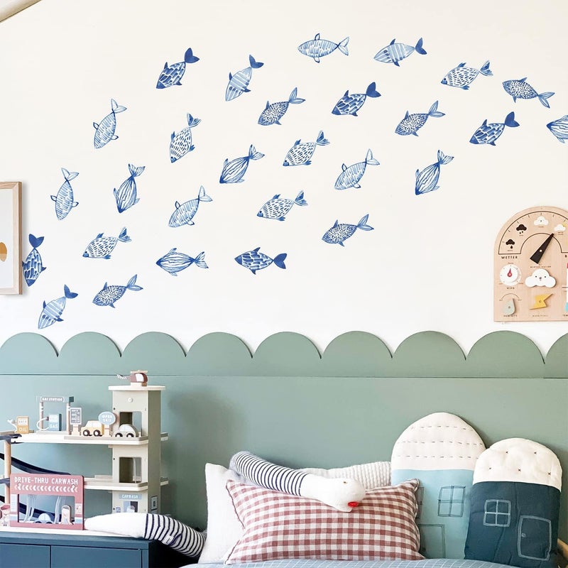 astrkiz Under The Sea Wall Decals Peel and Stick Vinyl Ocean Fish Wall Stickers for Kids Bedroom Playroom Decals Wall Art Sticker Decor for Nursery Classroom Bathroom Blue Fish - Image 1