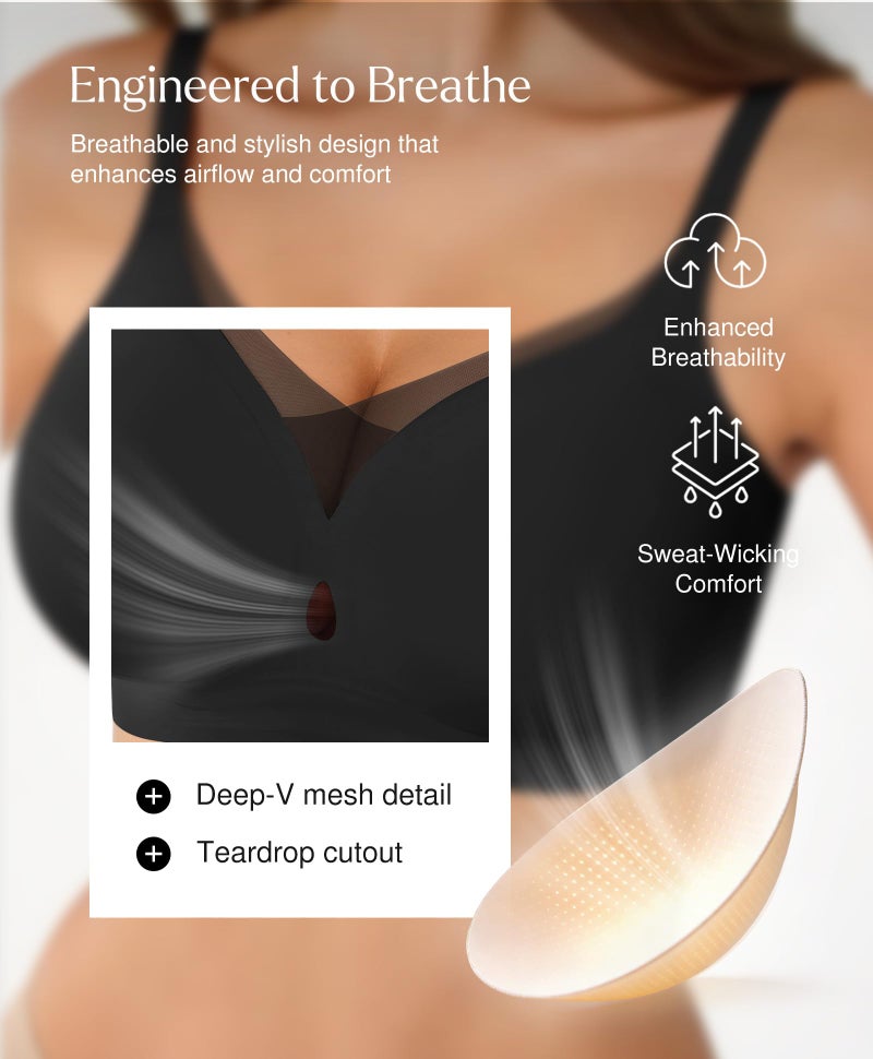 Popilush Tshirt Bras for Women No Underwire Supportive Mesh Bra Seamless Push Up Full Coverage Everyday Bralettes Black - Image 3