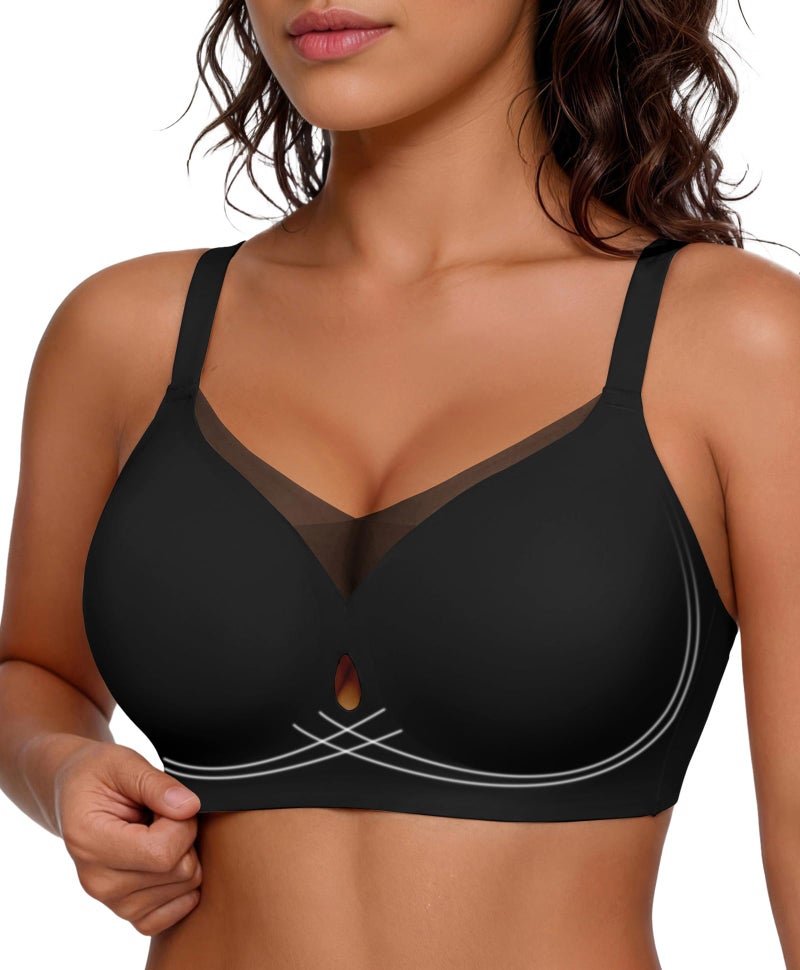 Popilush Tshirt Bras for Women No Underwire Supportive Mesh Bra Seamless Push Up Full Coverage Everyday Bralettes Black - Image 1