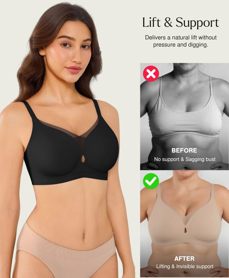 Popilush Tshirt Bras for Women No Underwire Supportive Mesh Bra Seamless Push Up Full Coverage Everyday Bralettes Black - Image 5