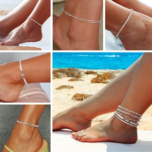Poxtex Sliver Anklets Bracelets for Women, Waterproof Sliver Dainty Anklets for Women Large Ankle, Adjustable Anklets for Women Trendy Include Beaded Ball, Paperclip, Cuban, Herringbone, Rope Fashion - Image 4