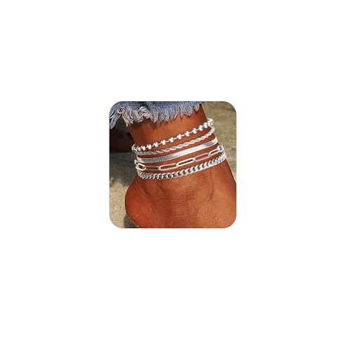 Poxtex Sliver Anklets Bracelets for Women, Waterproof Sliver Dainty Anklets for Women Large Ankle, Adjustable Anklets for Women Trendy Include Beaded Ball, Paperclip, Cuban, Herringbone, Rope Fashion - Image 2