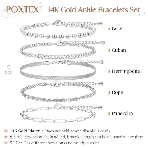 Poxtex Sliver Anklets Bracelets for Women, Waterproof Sliver Dainty Anklets for Women Large Ankle, Adjustable Anklets for Women Trendy Include Beaded Ball, Paperclip, Cuban, Herringbone, Rope Fashion - Image 5