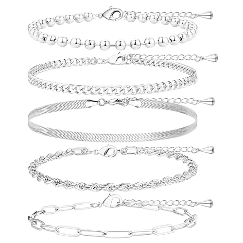 Poxtex Sliver Anklets Bracelets for Women, Waterproof Sliver Dainty Anklets for Women Large Ankle, Adjustable Anklets for Women Trendy Include Beaded Ball, Paperclip, Cuban, Herringbone, Rope Fashion - Image 1