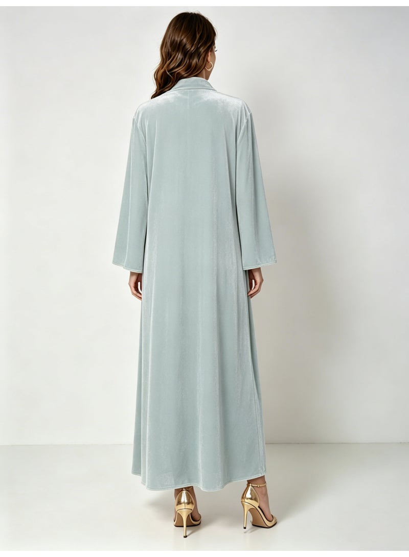 Kaiyuede Dubai Dusty Blue Velvet Abaya with Gold Floral Sequin Embroidery | Mandarin Collar Opaque Lined Modest Dress for Eid & Wedding - Image 3