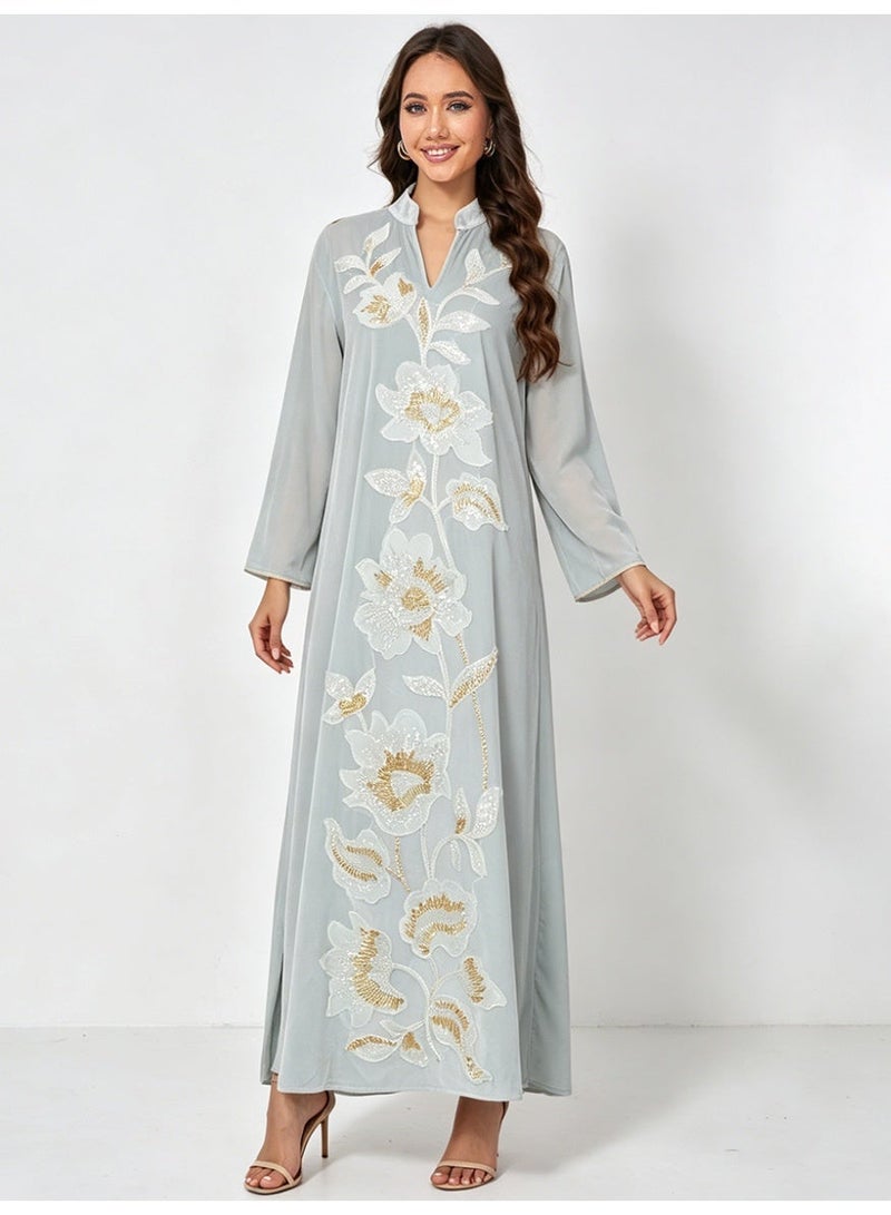 Kaiyuede Dubai Dusty Blue Velvet Abaya with Gold Floral Sequin Embroidery | Mandarin Collar Opaque Lined Modest Dress for Eid & Wedding - Image 1