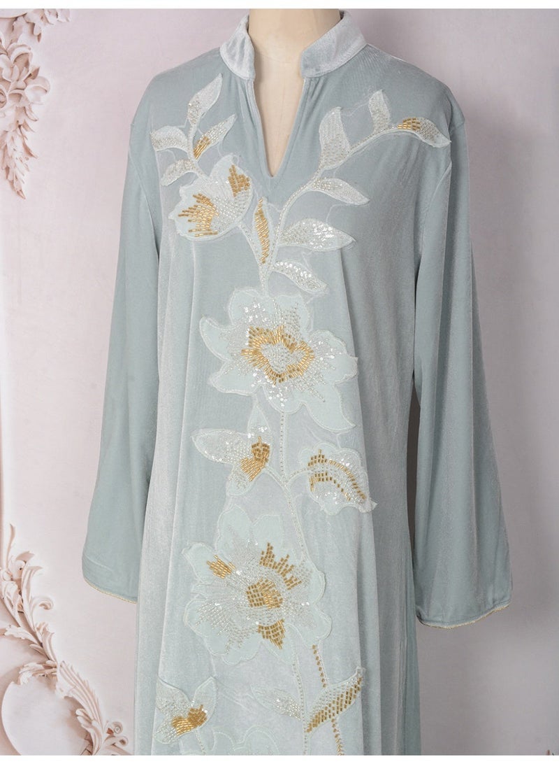 Kaiyuede Dubai Dusty Blue Velvet Abaya with Gold Floral Sequin Embroidery | Mandarin Collar Opaque Lined Modest Dress for Eid & Wedding - Image 2