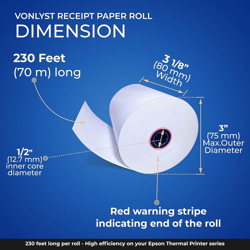 Vonlyst 3 1/8 x 230 Thermal Paper Receipt Roll for Epson Printer (Pack 48 rolls) - Image 3