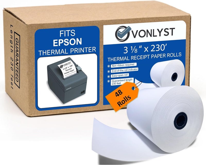 Vonlyst 3 1/8 x 230 Thermal Paper Receipt Roll for Epson Printer (Pack 48 rolls) - Image 1