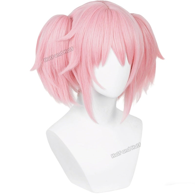 Half and Half Mado-ka Cosplay Wig Pink Anime Ponytail Wigs with Bangs Short Light Pink Cute Lolita Twin Tails Wig for Women Halloween Party Costumes - Image 3