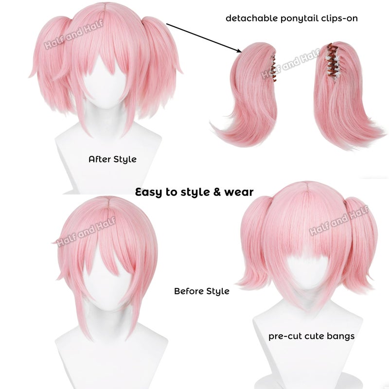 Half and Half Mado-ka Cosplay Wig Pink Anime Ponytail Wigs with Bangs Short Light Pink Cute Lolita Twin Tails Wig for Women Halloween Party Costumes - Image 5