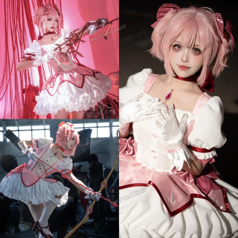Half and Half Mado-ka Cosplay Wig Pink Anime Ponytail Wigs with Bangs Short Light Pink Cute Lolita Twin Tails Wig for Women Halloween Party Costumes - Image 2
