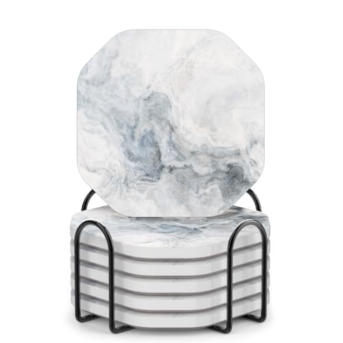 UMIRRO Ceramic Stone Coasters for Drinks Absorbent with Holder for Wooden Coffee Table, Stoneware Cup Coasters for Iced Cold or Hot Drinks, White Marble Style, Gold, 4" Set of 6 - Image 1