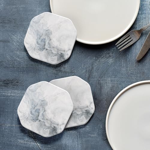 UMIRRO Ceramic Stone Coasters for Drinks Absorbent with Holder for Wooden Coffee Table, Stoneware Cup Coasters for Iced Cold or Hot Drinks, White Marble Style, Gold, 4" Set of 6 - Image 4
