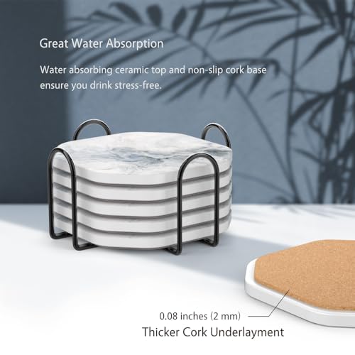 UMIRRO Ceramic Stone Coasters for Drinks Absorbent with Holder for Wooden Coffee Table, Stoneware Cup Coasters for Iced Cold or Hot Drinks, White Marble Style, Gold, 4" Set of 6 - Image 5