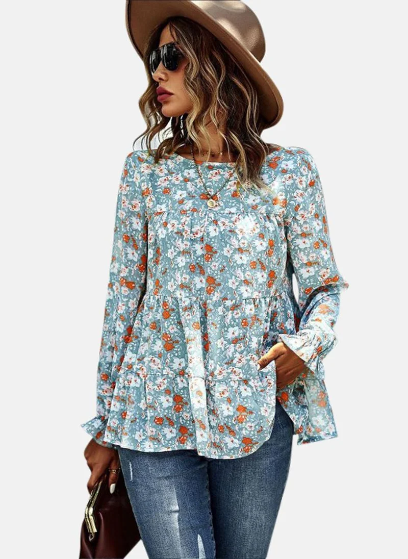 يونيكي Green Round Neck Printed Top