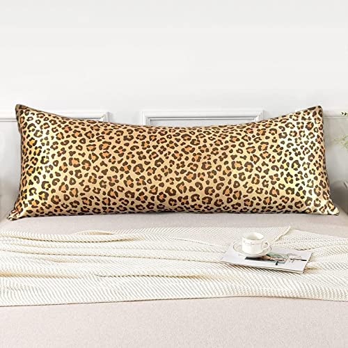 LCBD Satin Body Pillow Case for Hair and Skin, Gold Leopard Printed Silk Satin Body Pillowcase Cover, 20x54 Cheetah Print Body Cooling Pillow Cover with Envelope Closure - Image 1