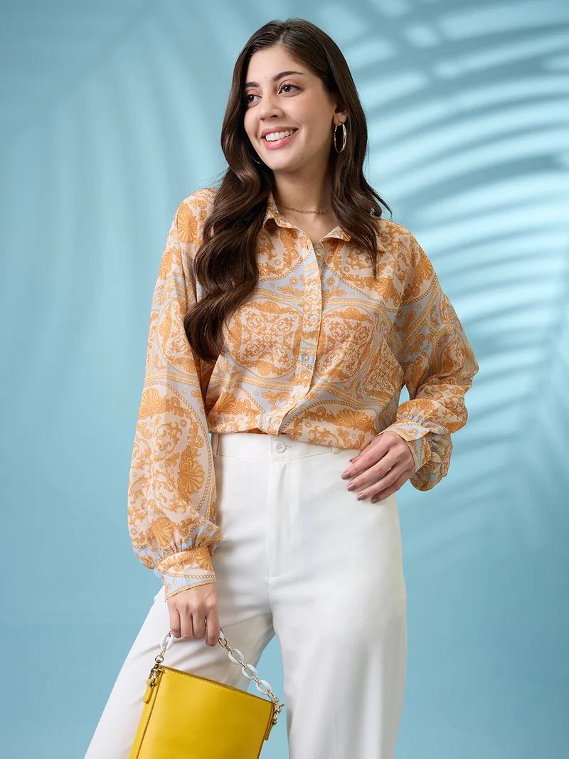 globus Women Yellow Ethnic Print Spread Collar Puffed Cuff Sleeves Oversized Shirt