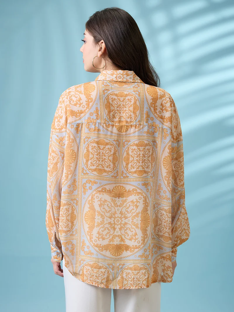 globus Women Yellow Ethnic Print Spread Collar Puffed Cuff Sleeves Oversized Shirt