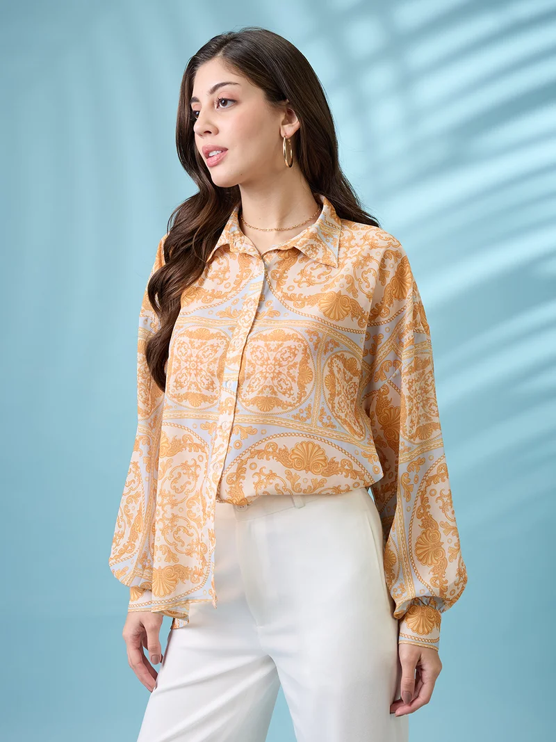 globus Women Yellow Ethnic Print Spread Collar Puffed Cuff Sleeves Oversized Shirt