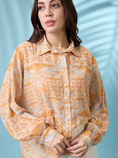 globus Women Yellow Ethnic Print Spread Collar Puffed Cuff Sleeves Oversized Shirt